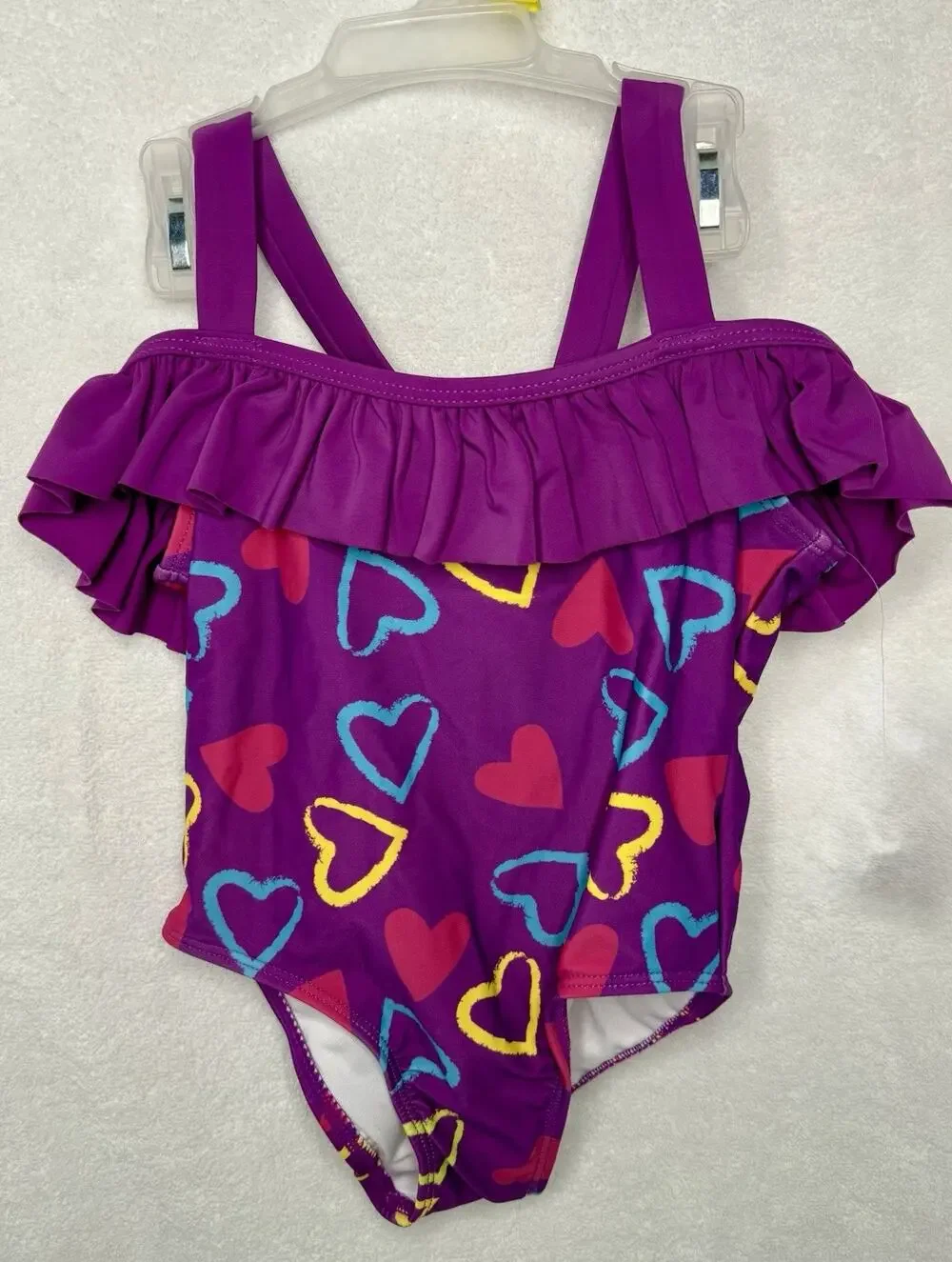 3T CUTE Toddler Girl Purple Hearts One-Piece Bathing Suit Ruffles, Keyhole Back